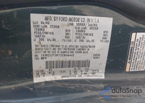 2003 Ford Explorer Nbx/Xlt z USA, uszkodzony, nr VIN 1FMZU73K73ZB46442